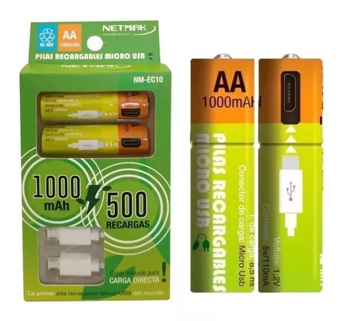 PILAS RECARGABLES 1000Mah C/PUERTO CARGA MICRO USB "NETMAK"