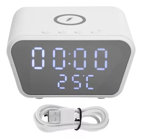 RELOJ DESPERTADOR CARGADOR INALAMBRICO ALTA GAMA TERMÓMETRO COLOR BLANCO