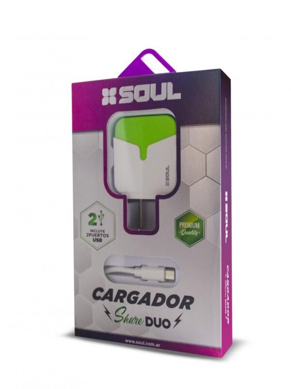 CARGADOR CARGA RÁPIDA SOUL SHARE DUO DOBLE  USB 2.4 A + CABLE