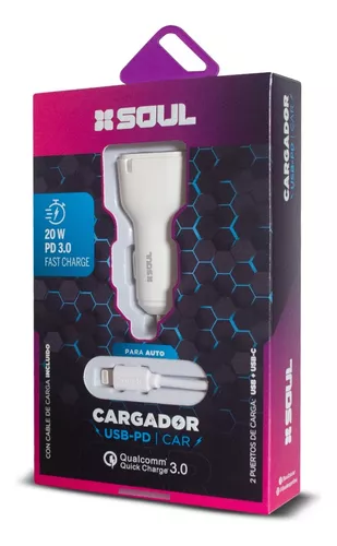 CARGADOR AUTO SOUL USB + PD + CABLE MICRO USB  CARGA RÁPIDA