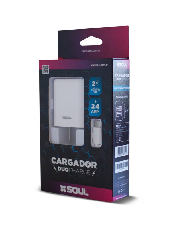 CARGADOR DUO CHARGE  2.4 A USB X 2 + CABLE PARA IPHONE SOUL
