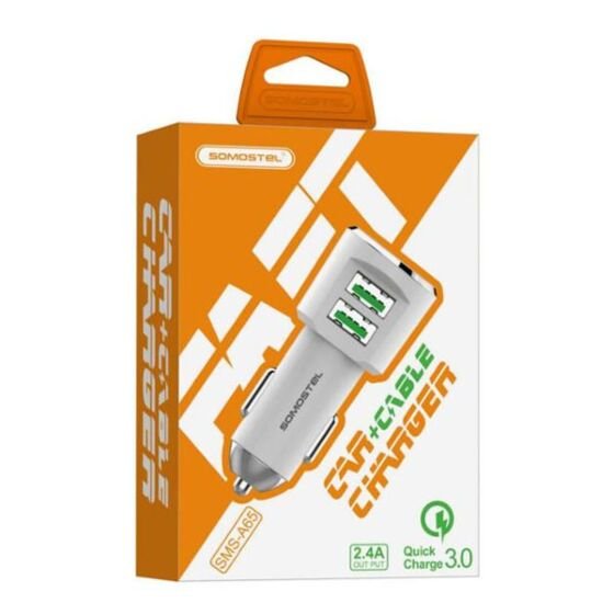 CARGADOR DE AUTO A65 QC3.0 2 USB + CABLE V8 SOMOSTEL BLANCO