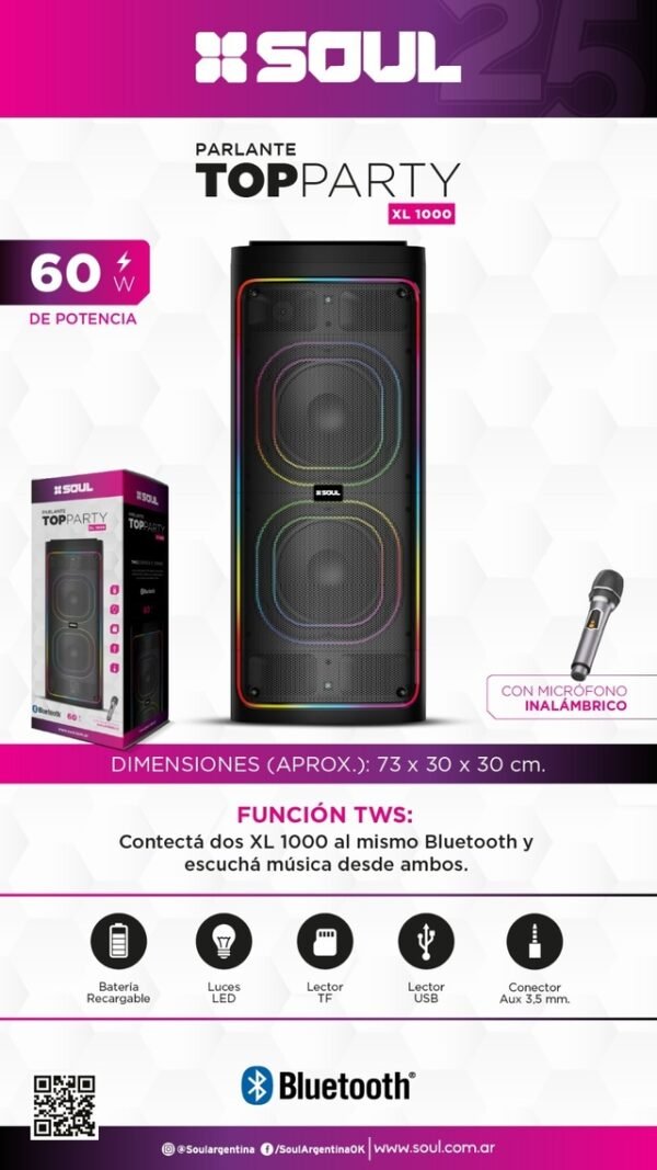 PARLANTE PORTATIL SOUL XL1000 TOP PARTY 60W