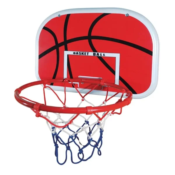 TABLERO DE BASQUET CON PELOTA E INFLADOR EN CAJA