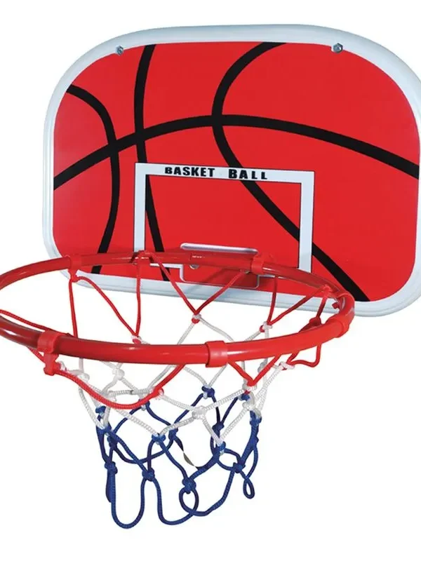 TABLERO DE BASQUET CON PELOTA E INFLADOR EN CAJA