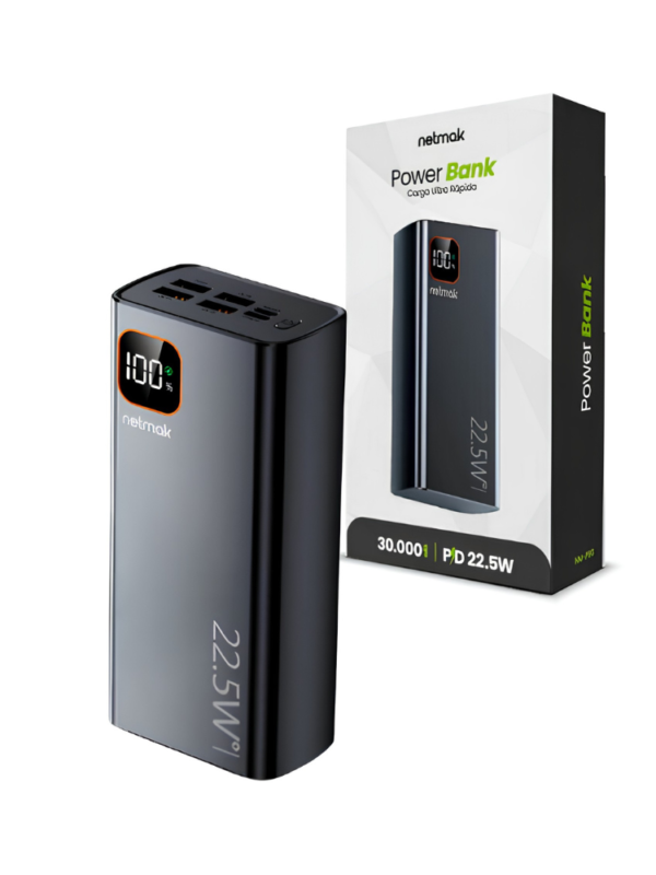 CARGADOR PORTÁTIL NETMAK POWER BANK 22.5W-30.000MAH NEGRO
